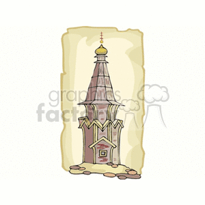 An illustration of a traditional cathedral or church tower with ornate detailing and a dome on top, set on a stylized background.