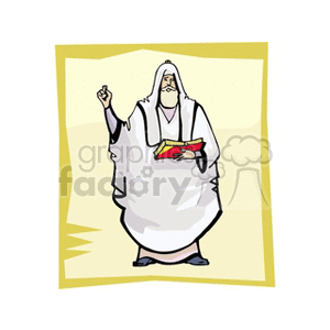 A cartoon depiction of a religious figure or priest in white robes, holding a red book, set against a light background.