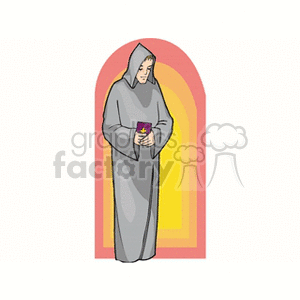 Clipart image of a religious figure in a hooded robe holding a book, standing in a stylized archway.