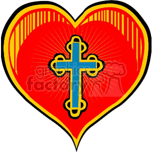 A clipart image of a heart featuring a blue botonee cross in the center, symbolizing a blend of religious and Christian themes.