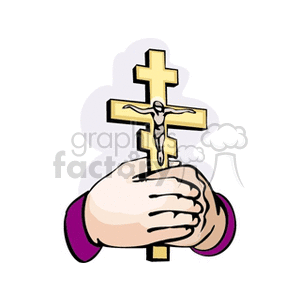 A clipart image featuring a hand holding a Christian cross with an image of Jesus crucified on it.