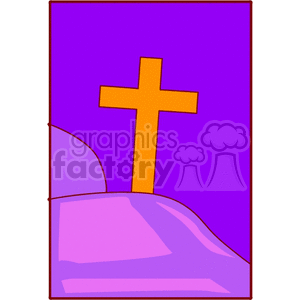 Clipart image of a Christian cross on a hill with a purple background.