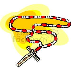 The image appears to be a simple clipart representation of a rosary, which is a string of beads often used in Christian prayer, particularly within the Catholic tradition. The rosary has a crucifix attached to it at one end and is comprised of a series of beads which are typically used to count prayers.