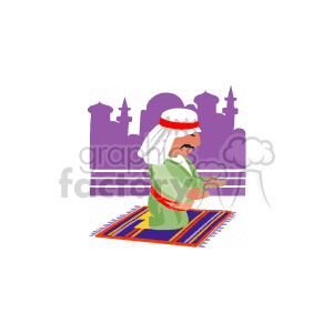 Illustration of a person in traditional attire praying on a rug with a mosque silhouette in the background.