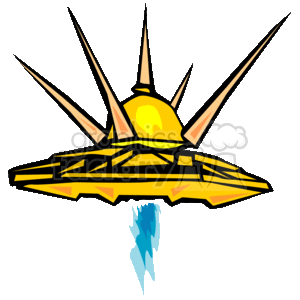 The image depicts a stylized illustration of a UFO, also known as an unidentified flying object or spaceship, often associated with extraterrestrial life in science fiction. The UFO has a disc shape with a dome on top and several pointed spikes projecting outward, suggesting a futuristic or alien design. There is a visible glow or flame at the bottom, suggesting propulsion or the craft in flight.