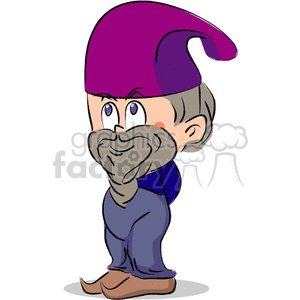 gnome with a grey beard with a blue outfit and a purple hat
