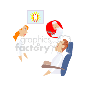   The clipart image features a scene from a dental office. In the image, a nurse or dental assistant is seen interacting with a patient who is sitting in a dental chair. In the top right corner, there