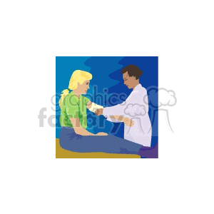 Clipart image of a medical scene where a nurse is attending to a woman with a broken arm, applying a bandage.