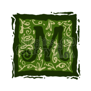 The clipart image features a decorative capital letter M with ornate embellishments and a floral design. The M is contained within a rough, boxy border. The overall style suggests a calligraphic or artistic font, perhaps for use in design or monogram purposes.