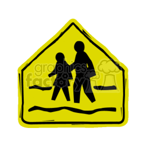 The clipart image depicts a yellow pentagon-shaped street sign featuring the silhouette of an adult and a child holding hands, indicating a pedestrian crossing zone typically found near schools or where children are likely to cross the street.