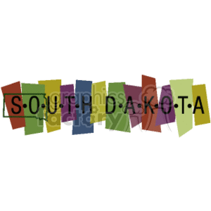   The clipart image features the words SOUTH DAKOTA with each letter placed on a separate colorful square tile. The tiles are arranged in a staggered pattern, creating a playful and dynamic appearance. The colors of the tiles vary, including shades of green, red, blue, purple, and yellow, and each tile has a slightly different orientation, adding to the image