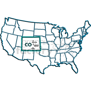   This clipart image features a map of the United States with the state borders outlined. There is a focus on the state of Colorado (CO), which is highlighted, and there is also the text Colorado and the periodic table reference for Cobalt (Co) inside the state