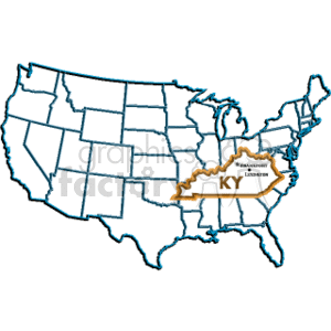 The clipart image displays a map of the United States with the state of Kentucky highlighted. The highlighted area is detailed with a gold outline and includes the abbreviation KY for Kentucky. Additionally, there are two markers indicating specific locations within the state, mentioning Frankfort which is the capital city, and Lexington, another major city in Kentucky.