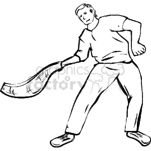 The clipart image depicts a simplified, line drawing of a person playing cricket. The person appears to be a batsman in the act of swinging a cricket bat, possibly preparing to hit a cricket ball. 