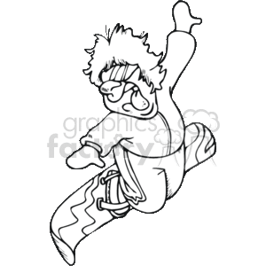 The image shows a cartoon-style clipart drawing of a snowboarder performing a trick on a snowboard. The snowboarder is depicted in a humorous manner, with exaggerated facial expressions and a dynamic pose, suggesting they are in the middle of an intense jump or trick.