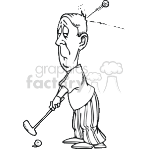 This clipart image depicts a funny and unfortunate scenario involving a golfer. The golfer appears to have accidentally hit himself in the head with a golf ball. The man is shown with a surprised and pained expression on his face, indicating the impact of the ball. He is holding a putter and standing next to another golf ball on the ground, suggesting he was attempting to putt when the accident occurred.