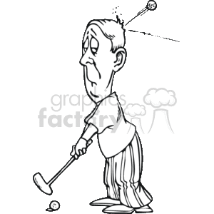 Black and white cartoon man getting hit in the head with a golf ball