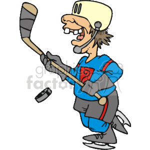 The clipart image depicts a cartoon-style character playing ice hockey. The character has an exaggerated, funny expression with a large smile and teeth showing. They are wearing a hockey uniform complete with a jersey, gloves, and skates. The jersey has a spiral-like design on it. The character is wearing a helmet and holding a hockey stick, and there is a hockey puck in motion depicted by motion lines. The character also has stylized hair poking out from under the helmet, giving the impression that they are in motion or possibly taking a slapshot.