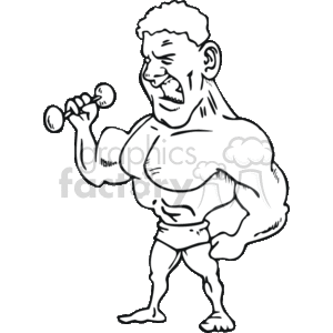  This is a clipart image of a comically exaggerated muscle builder or weightlifter. The character is depicted with large, oversized muscles, flexing one arm while lifting a small dumbbell with the other hand. The expression on the character