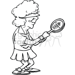 The clipart image features a senior lady playing tennis. She is depicted with caricatured features, wearing a tennis outfit including a skirt, wristbands, and tennis shoes, and is holding a tennis racquet. The image is styled humorously with exaggerated facial features and hair.