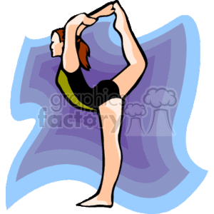 This clipart image features a stylized representation of a woman performing a yoga or gymnastics pose. She is standing on one leg with the other leg extended upward, held by her hand over her head, suggesting a flexibility or balance-focused exercise. There is a purple abstract pattern in the background.