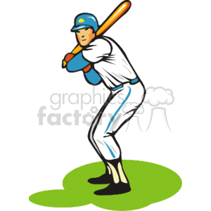 The clipart image depicts a cartoon of a baseball player in a batting stance. The player is wearing a white uniform with light blue details and a blue helmet, holding an orange baseball bat, ready to swing at a pitch. The player appears focused and is standing on what looks like a patch of green, representing the field.