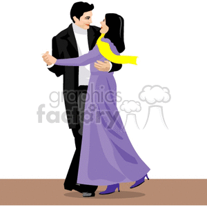 Clipart image of a couple dancing. The woman is wearing a long purple dress and yellow scarf, and the man is dressed in a black suit.