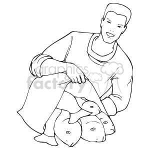 The clipart image features a person who appears to be a fisherman holding a catch of fish. The individual is smiling and is depicted sitting down with several fish in their lap, which suggests the success of their fishing activity.