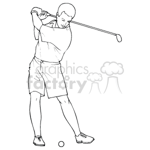 The image depicts a clipart of a golfer in mid-swing. The golfer is portrayed as a male figure wearing a short-sleeve shirt, shorts, and golf shoes. He is holding a golf club which is positioned behind his shoulders, indicating he is at the top of his backswing preparing to hit a golf ball positioned at his feet.