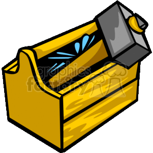   The image shows a yellow toolbox with a blue handled hammer inside. The hammer