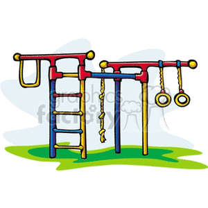 Colorful clipart of a playground set with monkey bars, rope ladder, and rings.