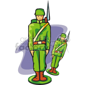   The clipart image features two toy soldiers. Both soldiers are depicted in a typical green uniform with helmets and are holding rifles. They stand on small circular bases, as is common with plastic army men designed for children