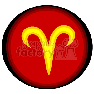 A yellow Aries zodiac symbol on a red circular background.