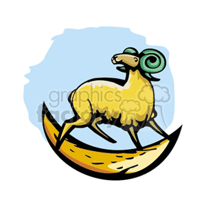 Illustration of the Aries zodiac sign represented by a ram on a crescent moon background.