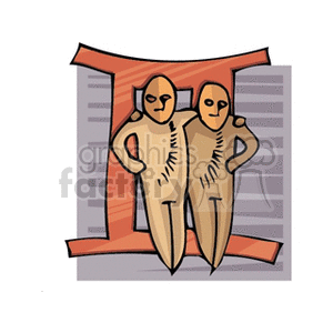 This clipart image shows the zodiac sign Gemini, depicted by two figures standing side by side in front of the Gemini symbol.