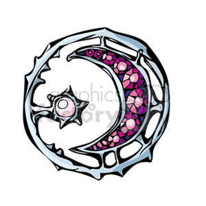 A decorative clipart image featuring a crescent moon with a star inside an intricate circular frame, symbolizing star signs and horoscopes.