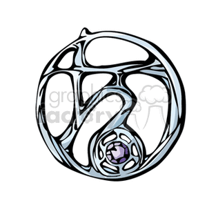 Artistic illustration of a zodiac symbol featuring an intricate circular design with black curved lines and a central purple gemstone.