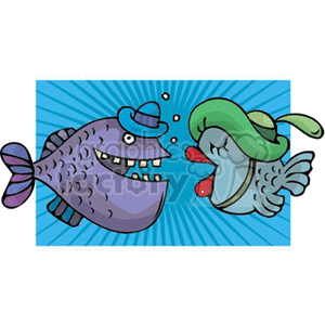 A playful clipart image depicting two stylized fish wearing hats, representing the Pisces zodiac sign. The background features dynamic blue rays, enhancing the whimsical and energetic feel of the image.