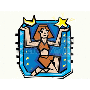 A vibrant clipart image of a person holding a star in each hand, set against a blue background filled with smaller stars. This illustration represents the Virgo zodiac sign in a playful artistic style.