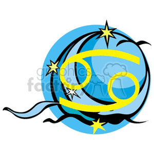 A colorful clipart image depicting the zodiac sign Cancer. The illustration features a stylized crab symbol with a backdrop of stars and a blue circle.