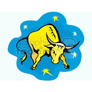 A vibrant clipart image of the Taurus zodiac sign, featuring a yellow bull against a blue background with stars.