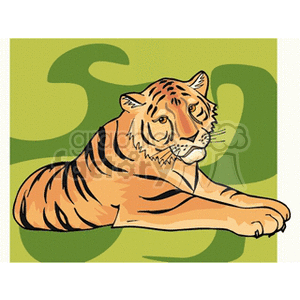 This clipart image features an illustrated tiger lying down on a green background. Tigers are often associated with the Chinese zodiac, representing one of the 12 animal signs in Chinese astrology.
