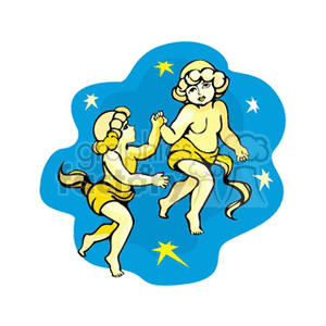 Clipart image featuring the Gemini zodiac sign, represented by two twins holding hands with stars around them.