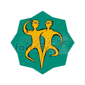 Clipart image of Gemini zodiac sign represented by two abstract human-like figures intertwined on a green background.