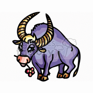 A colorful clipart image of a bull, representing the Taurus zodiac sign. The bull is shown with large horns and is holding a flower in its mouth.