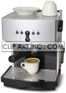 A modern espresso coffee machine with a cup of coffee on the drip tray and two coffee cups on top.