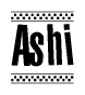 The image is a black and white clipart of the text Ashi in a bold, italicized font. The text is bordered by a dotted line on the top and bottom, and there are checkered flags positioned at both ends of the text, usually associated with racing or finishing lines.