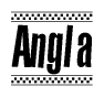 The image is a black and white clipart of the text Angla in a bold, italicized font. The text is bordered by a dotted line on the top and bottom, and there are checkered flags positioned at both ends of the text, usually associated with racing or finishing lines.