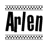 The image is a black and white clipart of the text Arlen in a bold, italicized font. The text is bordered by a dotted line on the top and bottom, and there are checkered flags positioned at both ends of the text, usually associated with racing or finishing lines.