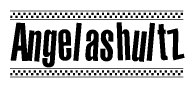The image is a black and white clipart of the text Angelashultz in a bold, italicized font. The text is bordered by a dotted line on the top and bottom, and there are checkered flags positioned at both ends of the text, usually associated with racing or finishing lines.